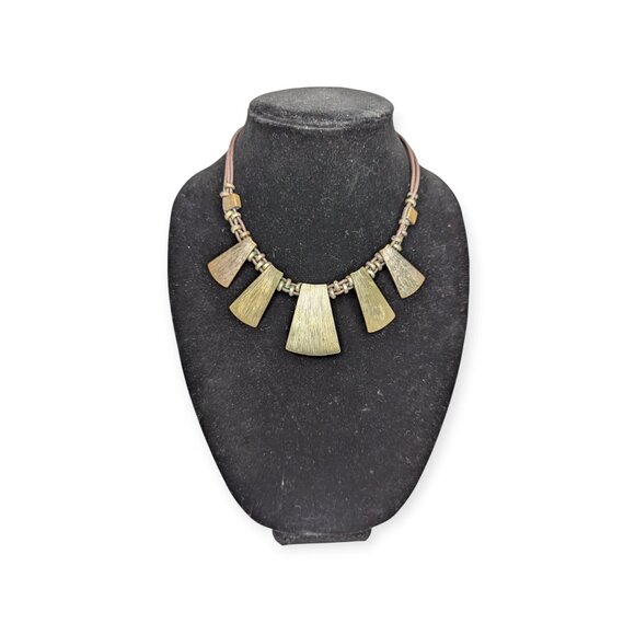 VCLM Statement Bib Necklace Gold/Brass Tone Tile Charms Beaded 21 Inch - Picture 2 of 10